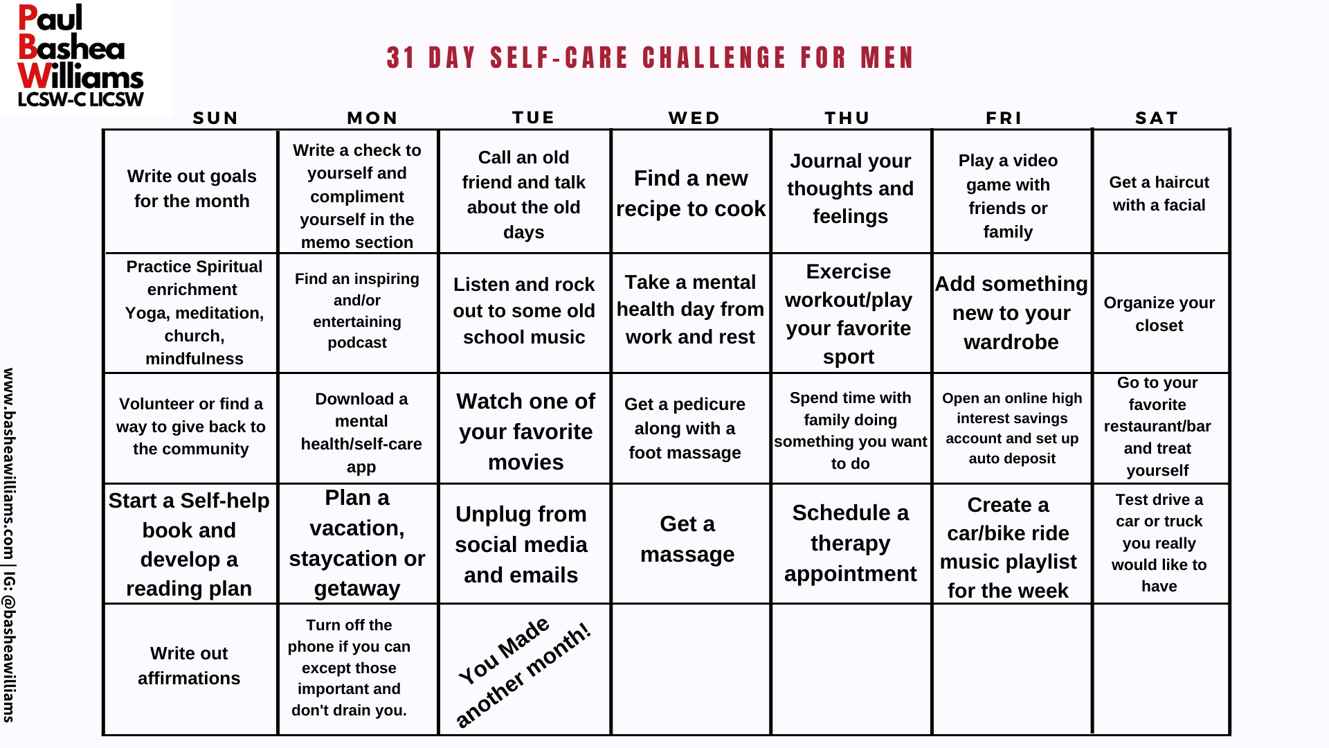 31 DAY SELF CARE CHALLENGE FOR MEN Bashea Williams